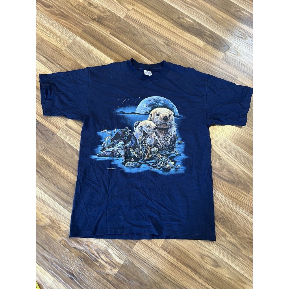 Vintage 90s Wildlife Otters T Shirt Navy Blue Made In USA Large